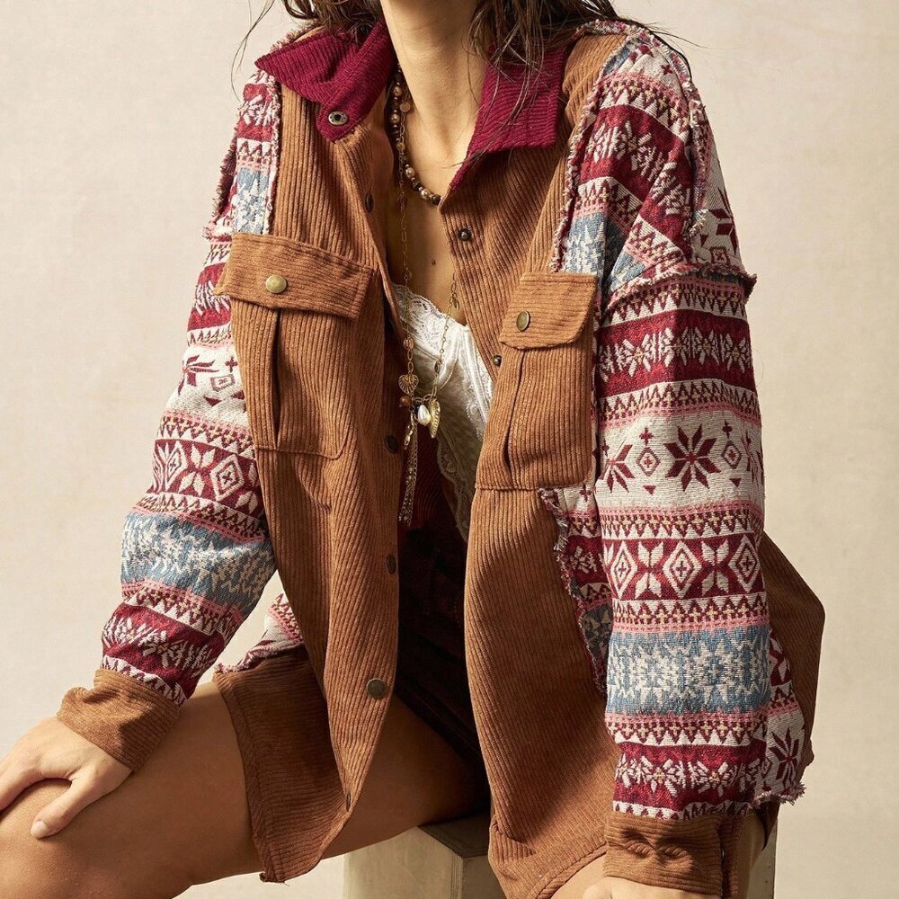 Multicolor Casual Women's Patchwork Corduroy Music Festival Blouse